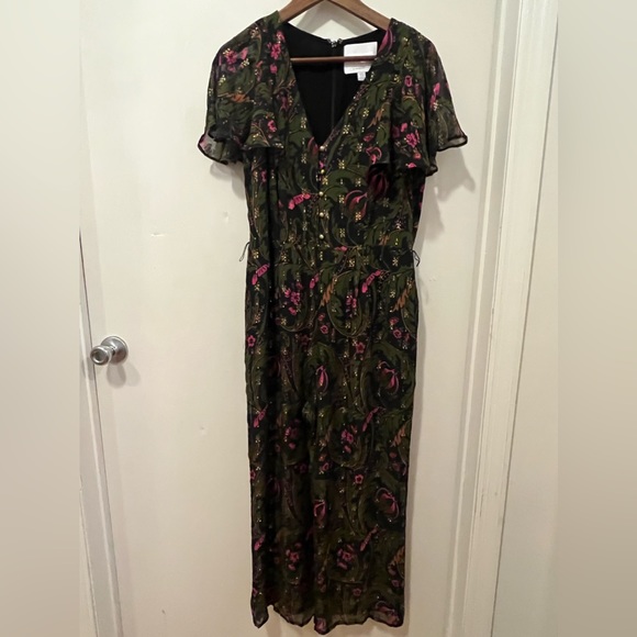 Anthropologie Ett Twa Brenda Jumpsuit Green Gold Floral Flutter Sleeve Size 8 - Picture 3 of 16